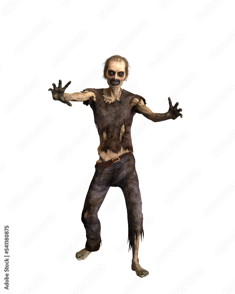 Zombie man walking towards the camera with arms reaching forward. 3d illustration isolated on transparent background.