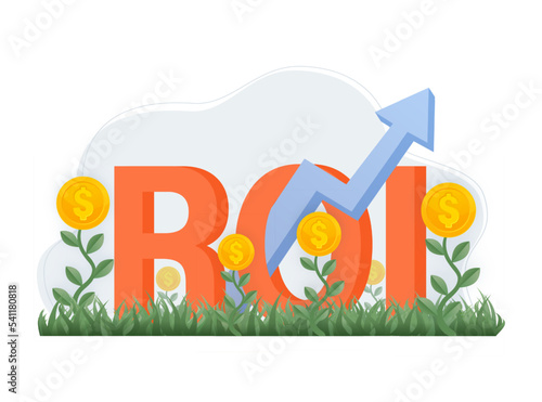 ROI, return on investment performance measure from cost invested and profit efficiency. Business growth arrows to success. Vector illustration
