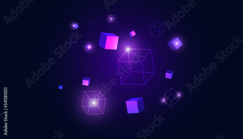 Abstract Square Box Concept Digital Technology Futuristic Modern Cryptocurrency Blockchain Connection Network On Purple Background