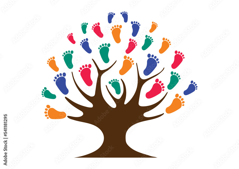 Tree with child footprints. Colorful kid footprints Tree with child footprints. Colorful kid footprints