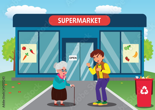 The rude behavior of a boy towards an old woman in front of a Supermarket