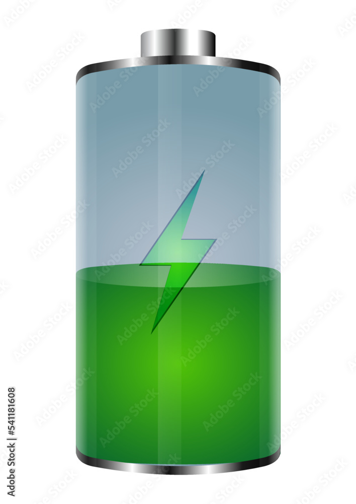 Vector Green battery, half charged. 3D realistic power battery illustration on white background Vector Green battery, half charged. 3D realistic power battery illustration on white background