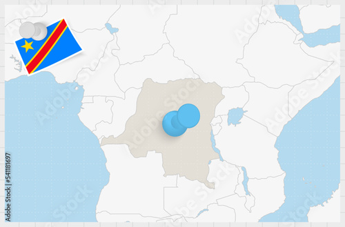 Map of DR Congo with a pinned blue pin. Pinned flag of DR Congo.
