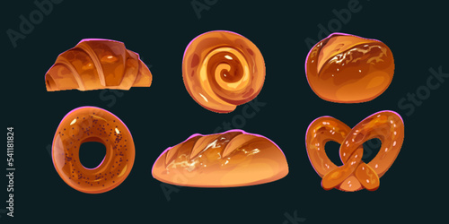 Bakery food icons, bread loaf, baguette, croissant, bagel, bun and pretzel. Bakes set with fresh wheat bread, ciabatta and french batard, vector cartoon illustration