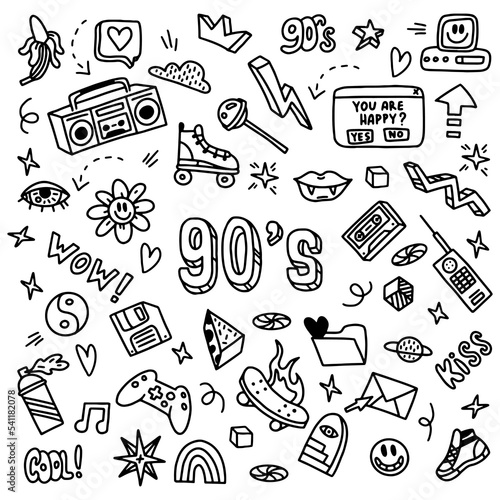 A large set of doodle drawings by hand. Sketches in the style of the 90s. 1990, cassette, videos, tape recorder, floppy disk