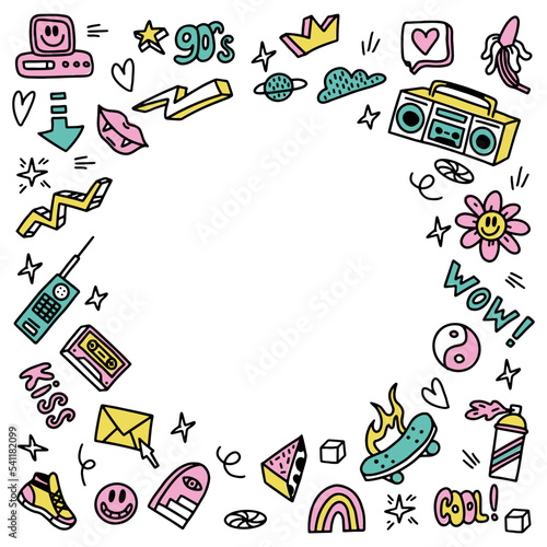 A large set of doodle drawings by hand. Frame with sketches in the style of the 90s. Template layout for 2k, retro wave