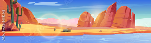 Desert of Africa or Wild West Arizona natural landscape. Cartoon panoramic background with river, game location with yellow sand, cacti, rocks and water pond under blue sky, vector illustration