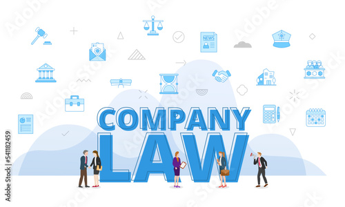 company law concept with big words and people surrounded by related icon spreading with modern blue color style