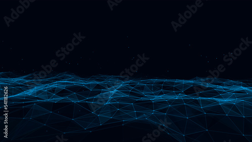 Abstract technology wave of particles. Big data visualization. Vector background with motion dots and lines. Artificial intelligence.