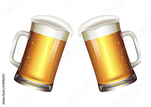 Two mugs of beer isolated on white background. Realistic beer mug