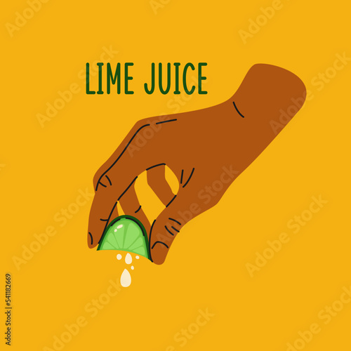 A mans hand on a yellow background holds a slice of lime and squeezes juice out of it.