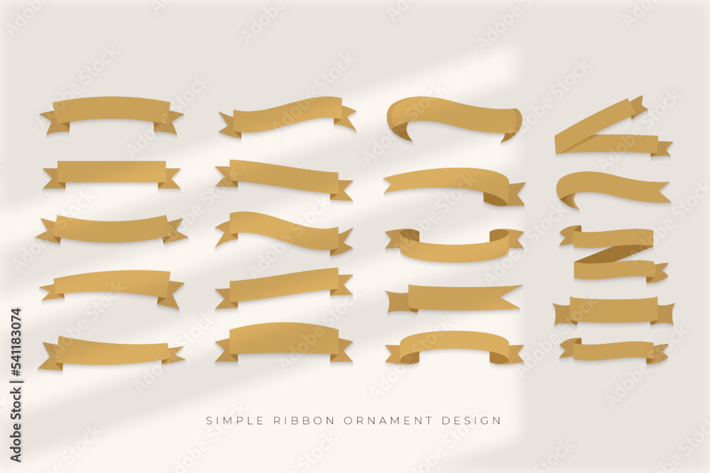 Vector Illustration, Modern simple ribbon collection, set of 20 gold color ribbons and white background shadow overlay, flat style icon symbol.