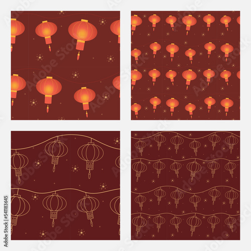 New Year pattern with Chinese lanterns. Colorful New Year seamless background in traditional Chinese New Year colors. Vector.