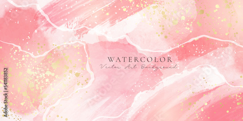 Rose pink liquid watercolor background with golden confetti. Dusty blush marble alcohol ink drawing effect. Vector illustration design template for wedding invitation, menu, rsvp