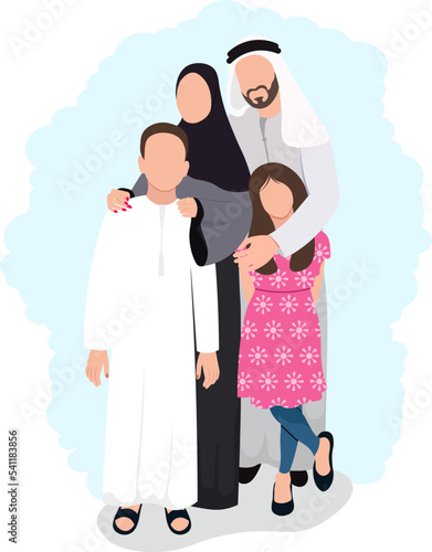 Traditional Emirati young family enjoying the weekend outdoor with kids. man wearing traditional dishdash or kandura , the woman wearing the 
 black abaya and shelya, dress from uae or Saudi Arabia