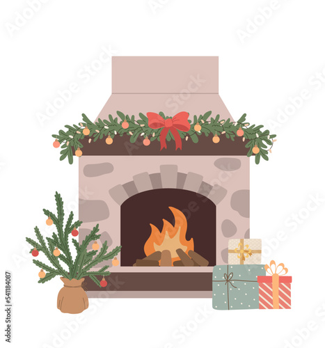 Cartoon Christmas fireplace with christmas tree, decoration and gift boxes. Home winter holiday decor. Happy New year. Flat vector illustrations