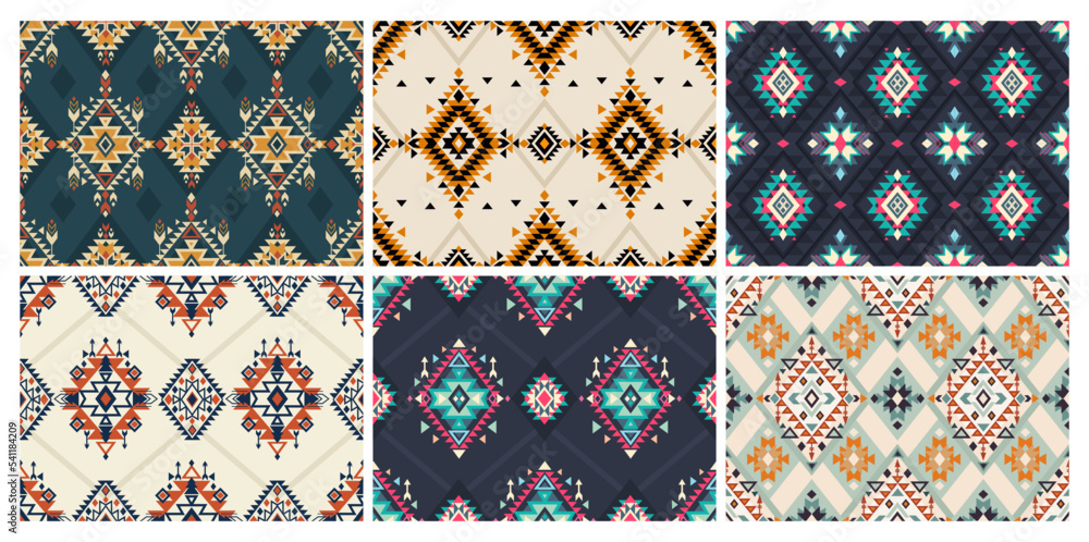 Six tribal navajo seamless patterns. Color mexican, aztec and maya ornament, ethnic stylish fabric geometric print wallpaper texture vector set. Unique folk, national culture collection - obrazy, fototapety, plakaty 