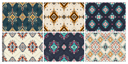 Six tribal navajo seamless patterns. Color mexican, aztec and maya ornament, ethnic stylish fabric geometric print wallpaper texture vector set. Unique folk, national culture collection