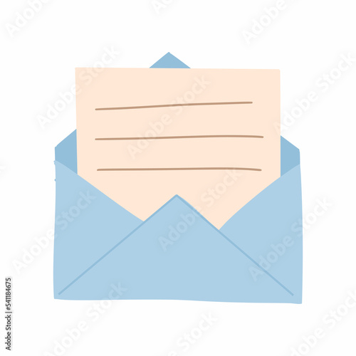 Letter in envelope. Space for text. Sticker for notes. Sheet of notepad.