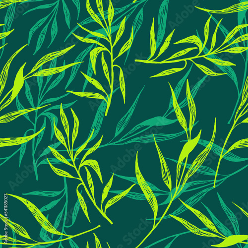 Fototapeta Naklejka Na Ścianę i Meble -  Willow tree leaves pattern seamless vector. Minimal willow branches leaves floral textile design.