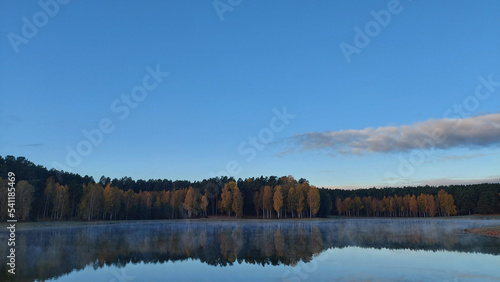 Tranquil meditative misty scenery of glacial lake with pointy fir tops reflection at early morning.