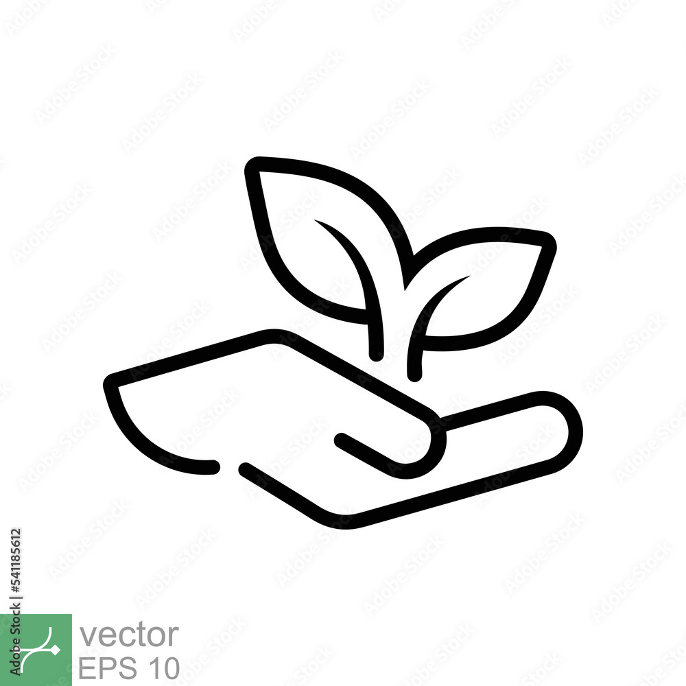 Obraz premium Eco friendly icon. Simple outline style. Environment protection, plant on hand, nature, leaf shoots signatures, ecology support concept. Line vector illustration isolated on white background. EPS 10.