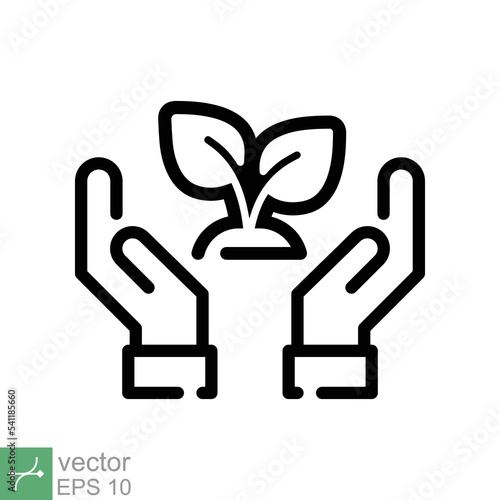 Eco friendly icon. Simple outline style. Environment protection, plant on hand, nature, leaf shoots signatures, ecology support concept. Line vector illustration isolated on white background. EPS 10.