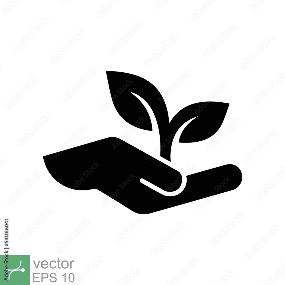 Eco friendly icon. Simple solid style. Environment protection, plant on hand, nature, leaf shoots signatures, ecology support concept. Glyph vector illustration isolated on white background. EPS 10. Eco friendly icon. Simple solid style. Environment protection, plant on hand, nature, leaf shoots signatures, ecology support concept. Glyph vector illustration isolated on white background. EPS 10.