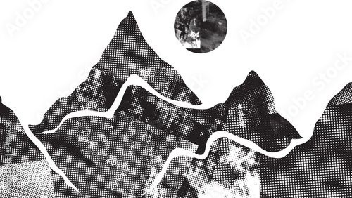 Mountain silhouettes with sun textured with halftone dots textures. Peaks in sunset. Transparent background .Overlay texture . Fog over mountain landscape . Summit and sunset logo .Vector 