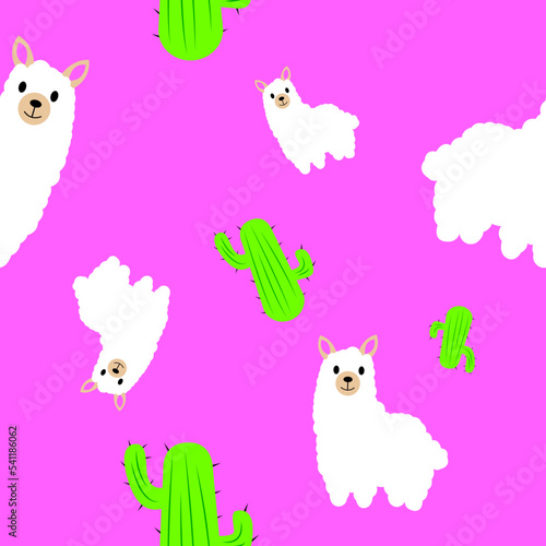 seamless pattern with llama or alpaca and cacti. Can be used for gift wrapping, wallpaper, fabric pattern, etc.