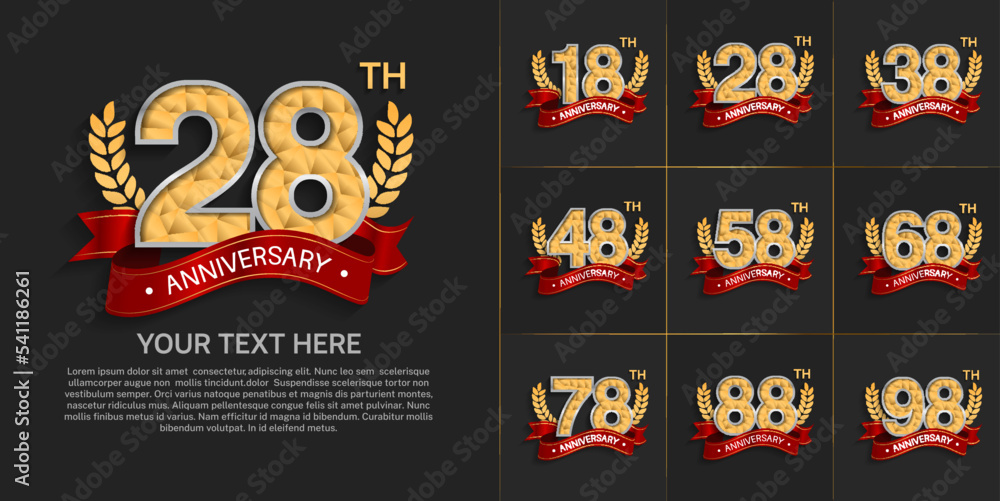 set of anniversary with golden color and vintage theme can be use for celebration event