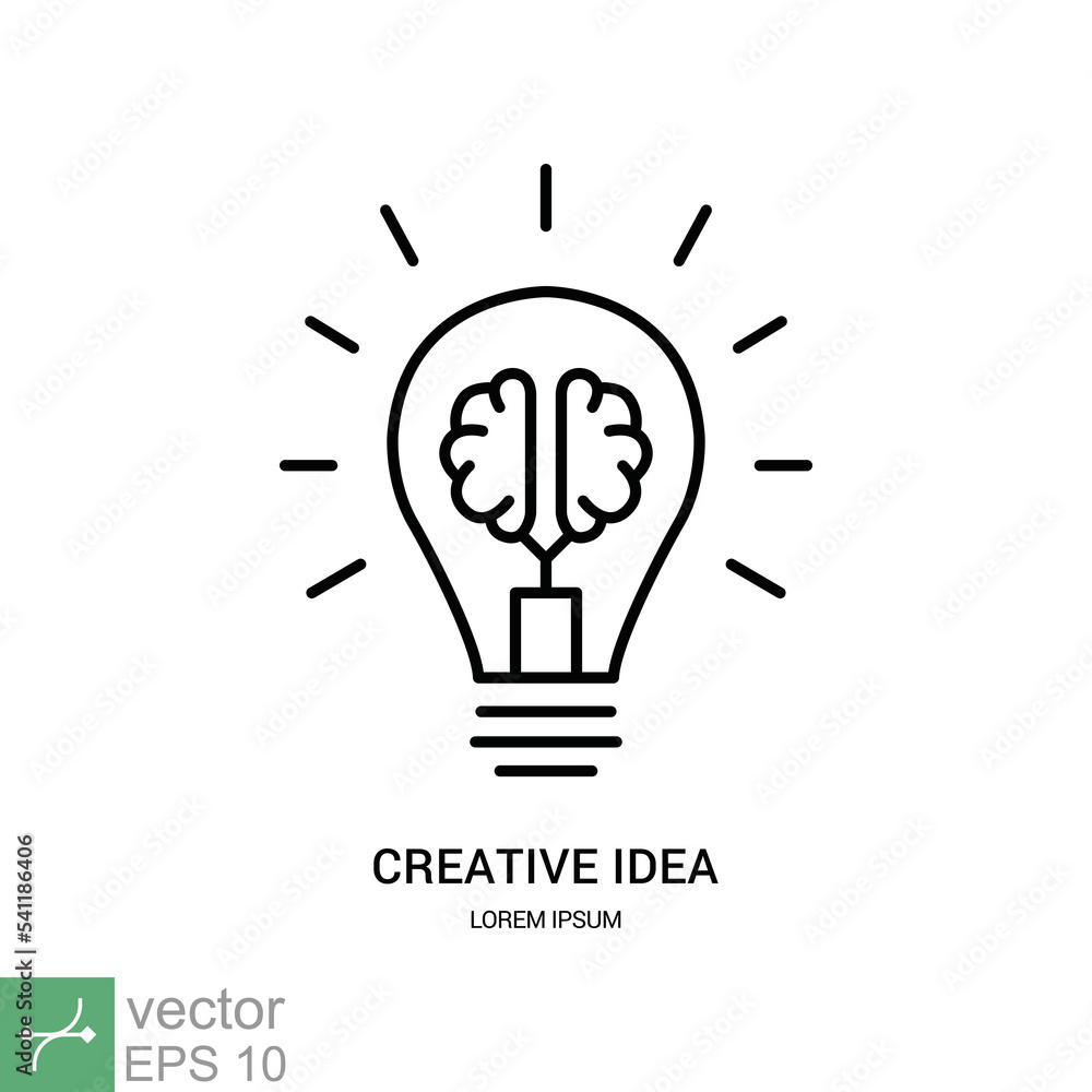 Creative idea icon. Simple outline style. Brain in lightbulb, flat sign, mind, innovation, solution, education concept. Thin line vector illustration isolated on white background. EPS 10. Creative idea icon. Simple outline style. Brain in lightbulb, flat sign, mind, innovation, solution, education concept. Thin line vector illustration isolated on white background. EPS 10.