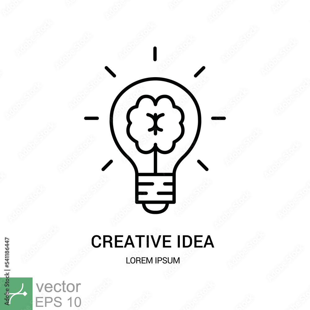 Creative idea icon. Simple outline style. Brain in lightbulb, flat sign, mind, innovation, solution, education concept. Thin line vector illustration isolated on white background. EPS 10. Creative idea icon. Simple outline style. Brain in lightbulb, flat sign, mind, innovation, solution, education concept. Thin line vector illustration isolated on white background. EPS 10.