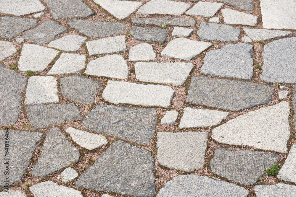 Obraz premium Background of old road gray and red tiles and grass