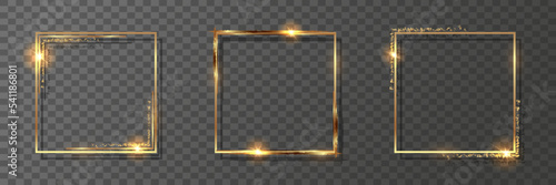 Three square golden decorative frames. Set of shiny gold borders on a transparent background. Vector illustration.