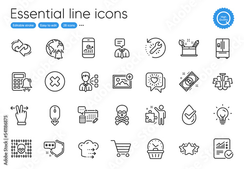 Friends chat, Last minute and Account line icons. Collection of Calculator alarm, Binary code, Food delivery icons. Dermatologically tested, Close button, Scroll down web elements. Vector