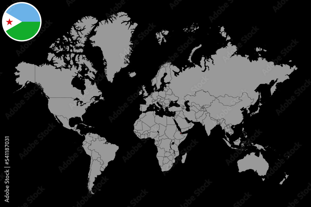 Pin map with Djibouti flag on world map. Vector illustration. Pin map with Djibouti flag on world map. Vector illustration.