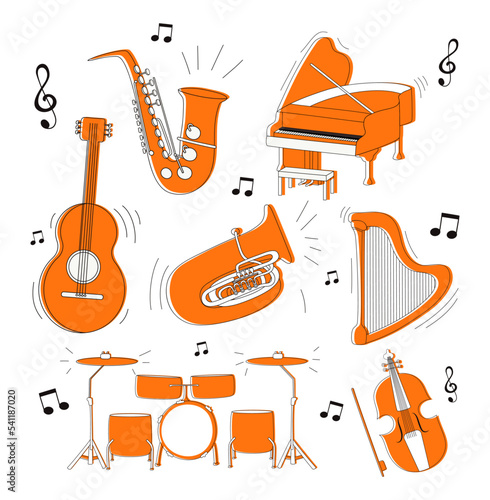 A set of musical instruments. Vector stock illustration. White background. isolated. Doodle. hand draw.