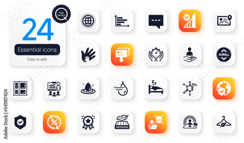 Set of Business flat icons. World insurance, Slow fashion and Security shield elements for web application. Hydroelectricity, Card, Loyalty award icons. Chemical formula. Vector