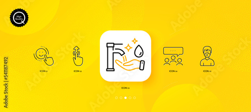 Medical mask, Washing hands and Smile minimal line icons. Yellow abstract background. Meeting, Swipe up icons. For web, application, printing. Respirator, Hygiene care, Positive feedback. Vector