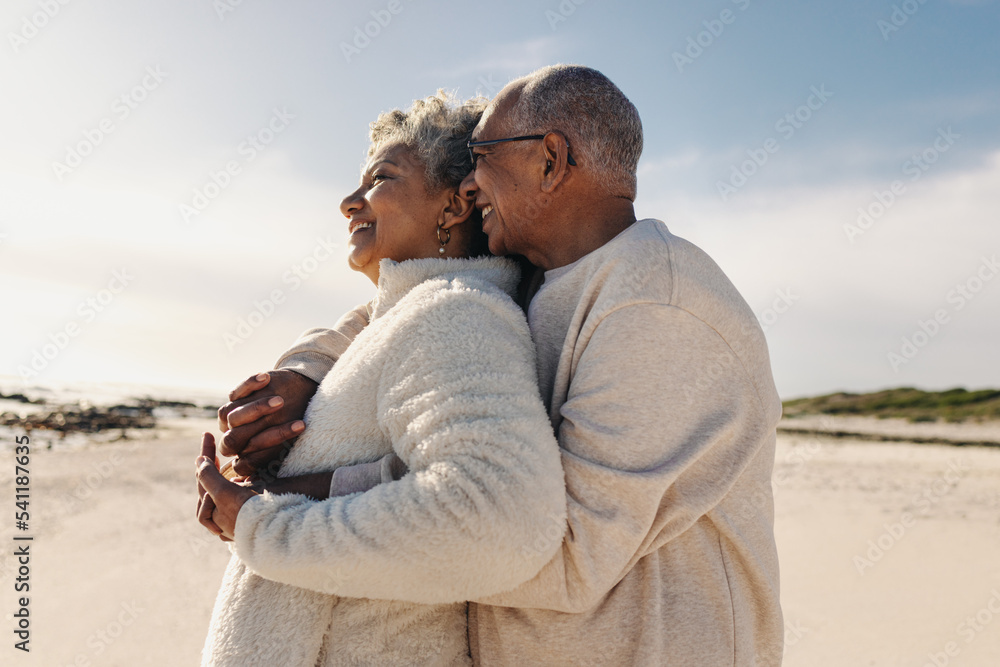 Obraz premium Senior couple enjoying a view of the ocean at the beach