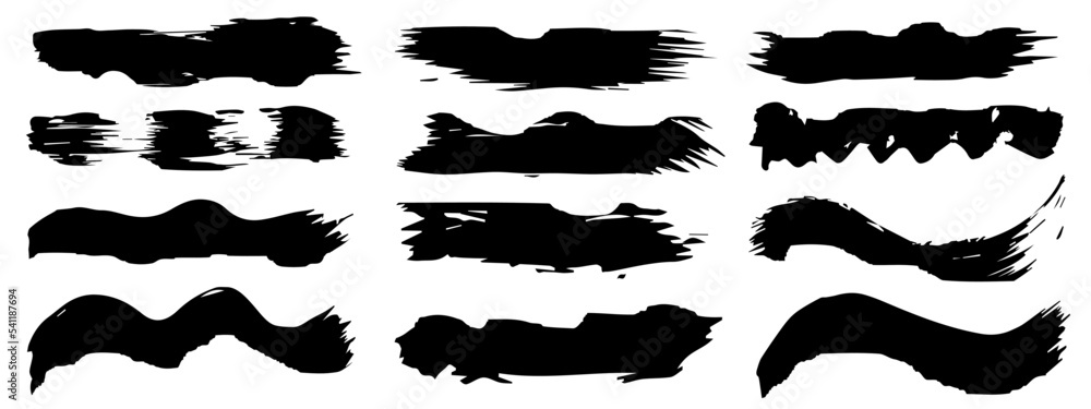 Vector collection of artistic grungy black paint hand made creative brush stroke set isolated on banner background. A group of abstract grunge sketches for design education or graphic art decoration Vector collection of artistic grungy black paint hand made creative brush stroke set isolated on banner background. A group of abstract grunge sketches for design education or graphic art decoration