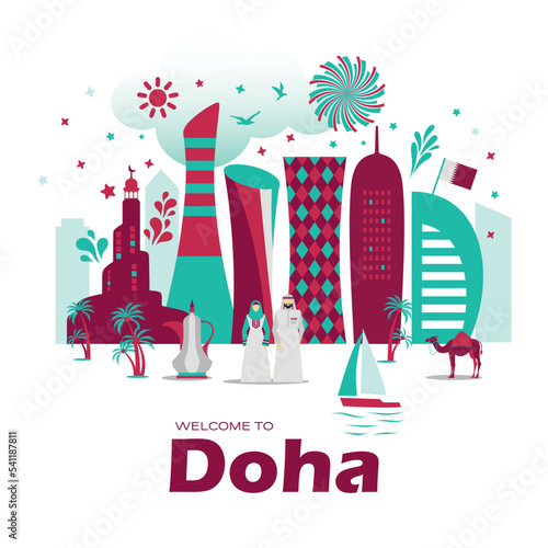 Doha - Qatar Landmark Buildings skyline of modern city with jug boat camel and people.