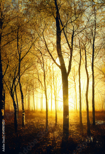 Golden light in the forest fall autumn