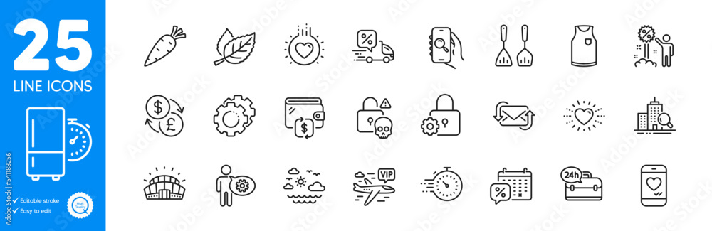 Outline icons set. Sports stadium, Love chat and Timer icons. Discount, 24h service, Currency exchange web elements. Search app, Heart, Wallet signs. Love, Inspect, T-shirt. Travel sea. Vector Outline icons set. Sports stadium, Love chat and Timer icons. Discount, 24h service, Currency exchange web elements. Search app, Heart, Wallet signs. Love, Inspect, T-shirt. Travel sea. Vector