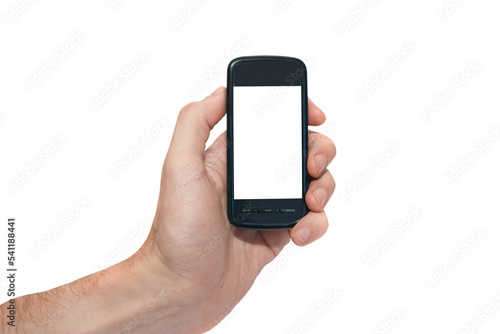 Mobile phone smartphone in hand in PNG isolated on transparent background