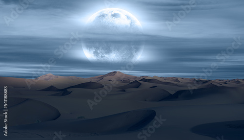 Beautiful sand dunes in the Sahara desert at sunrise with super full moon - Sahara, Morocco "Elements of this image furnished by NASA"