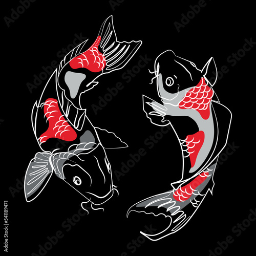Two Japanese koi carp fishes line drawing, with red and gray abstract shapes and Minimal art design, on black background Vector illustration.Designs for T-shirts,Tattoos,Stickers,Logo or Posters