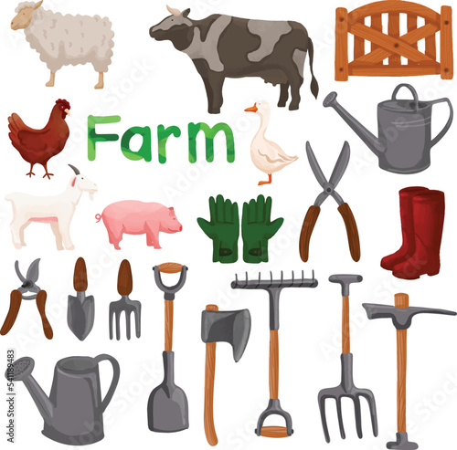 Set of Watercolor Agriculture Farm, Tools clipart.
