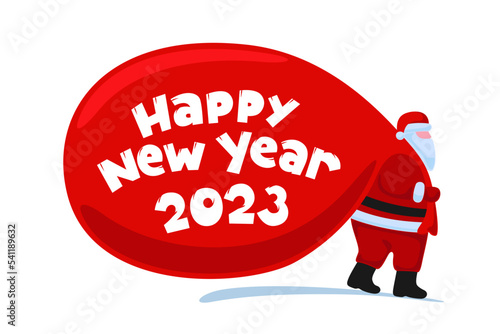 Santa Claus cartoon character coming and carries large huge heavy gifts red bag. Christmas and Happy New year 2023 holiday greeting card. Vector eps flat celebration poster illustration
